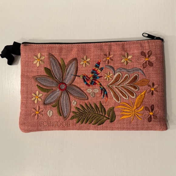 Handbags - Hand Embroidered Ecuador Pouch Clutch Bag Floral Bird Pink Zipper Pouch